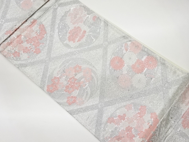 リサイクル　田中義織物製　菱に花模様織出し袋帯